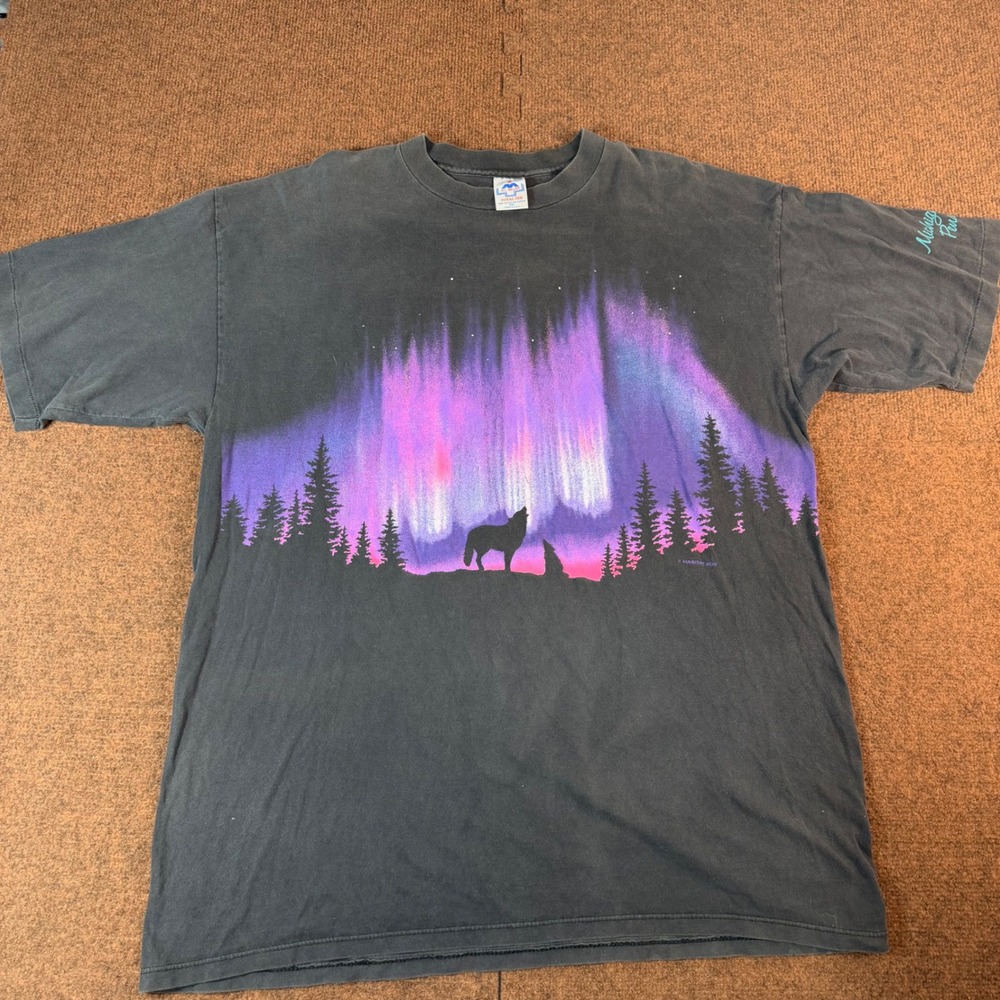 Vintage HL Miller Wolf Northern Lights T-Shirt XXL Michigan Upper Peninsula 90s